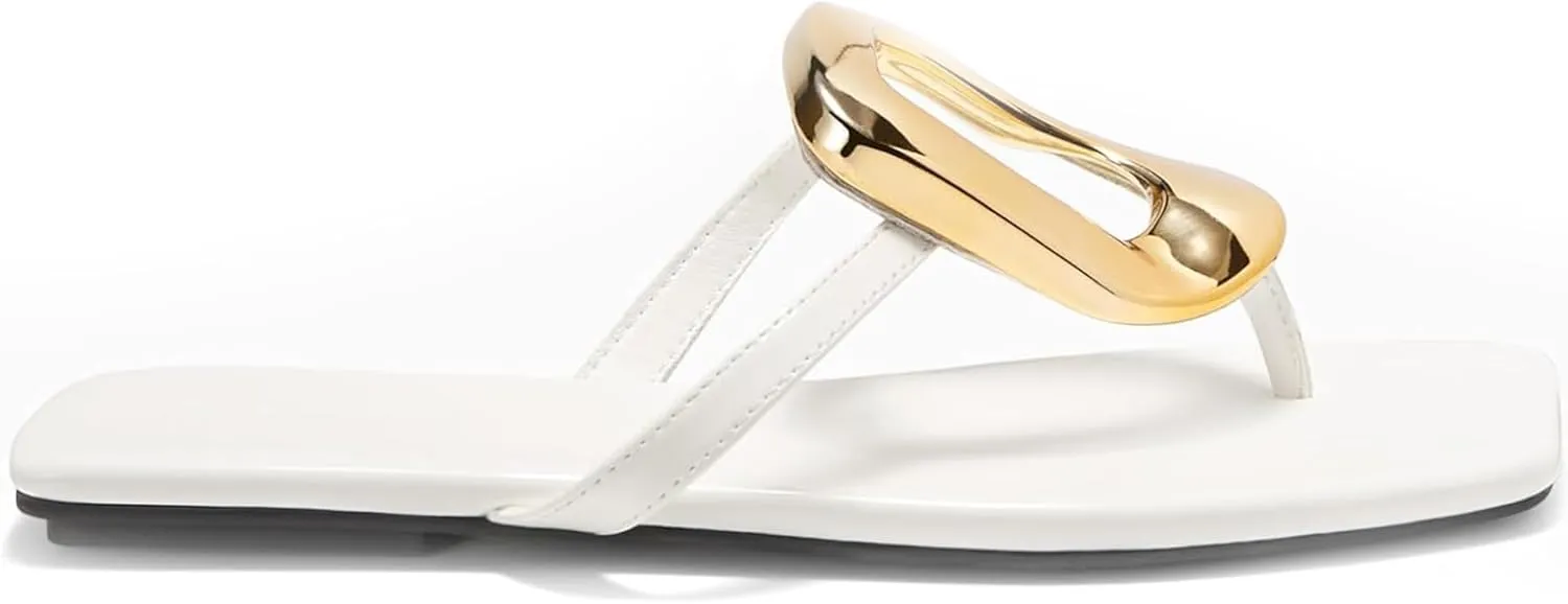 Womens Summer Square Toe Flip Flops Flat Sandals Slip On Shoes Slide Sandals with Gold Metal Decoration Dressy 2025