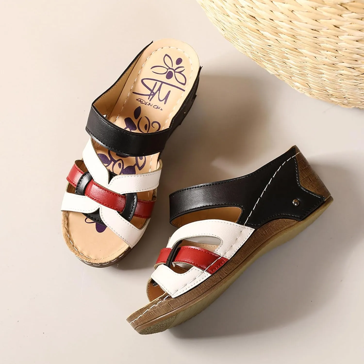 Women's Summer Wedge Sandals Open Toe Slip On Platform Casual Beach Walking Shoes Comfortable Breathable Arch Support Fashion Slippers for Travel Yoga Outing