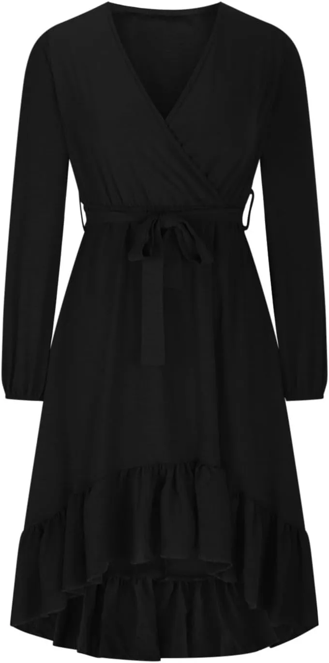 Women's Trendy V Neck Long Sleeve Tie Waist Ruffle Wrap Mini Dress Solid Color Cocktail Party Short Dress Plus Size
