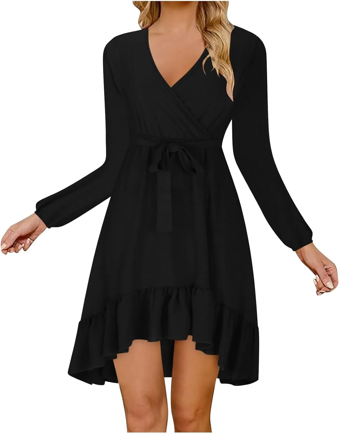 Women's Trendy V Neck Long Sleeve Tie Waist Ruffle Wrap Mini Dress Solid Color Cocktail Party Short Dress Plus Size