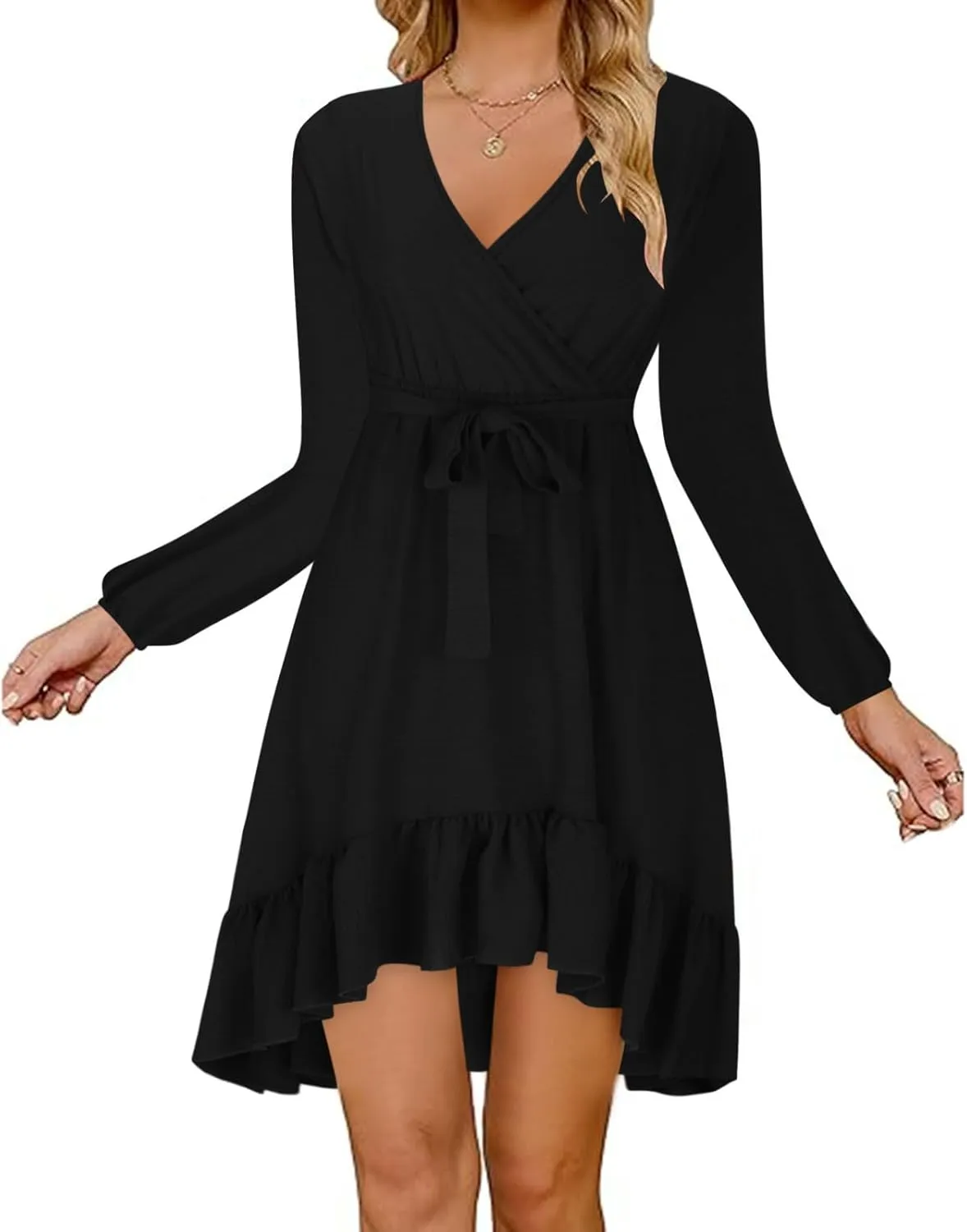 Women's Trendy V Neck Long Sleeve Tie Waist Ruffle Wrap Mini Dress Solid Color Cocktail Party Short Dress Plus Size