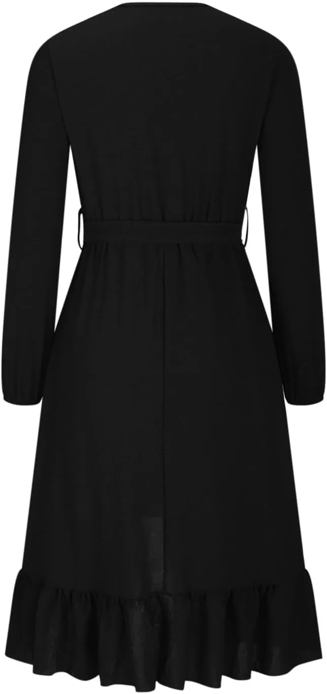 Women's Trendy V Neck Long Sleeve Tie Waist Ruffle Wrap Mini Dress Solid Color Cocktail Party Short Dress Plus Size