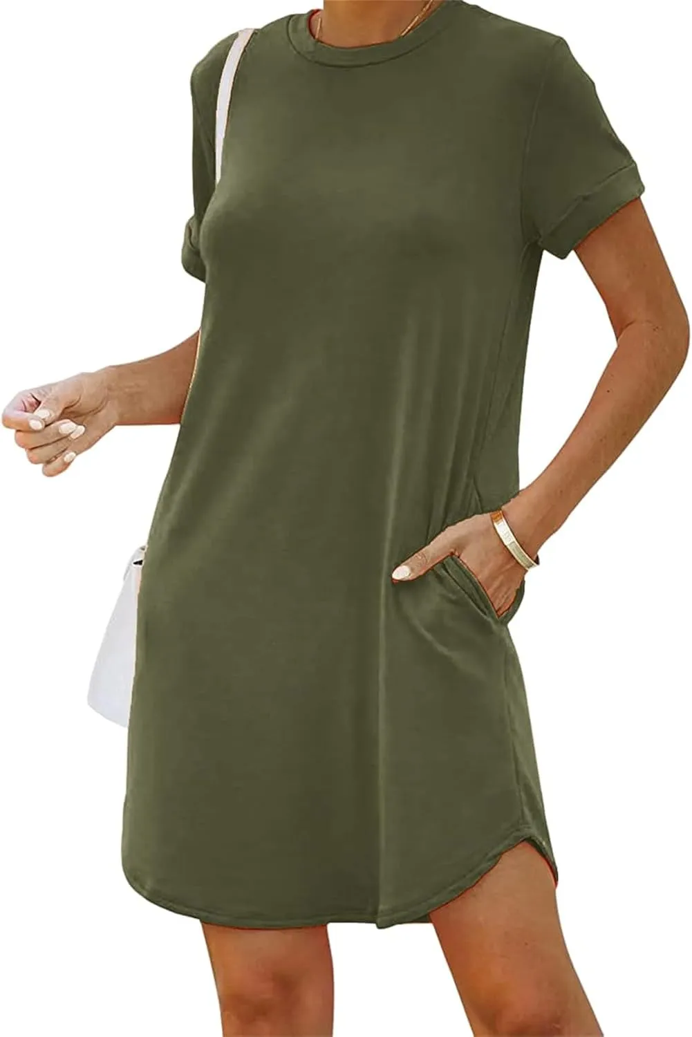 Womens Tshirt Dress Roll Up Sleeve Crew Neck Solid Mini Dresses Summer Trendy Casual Sports Dress with Pockets