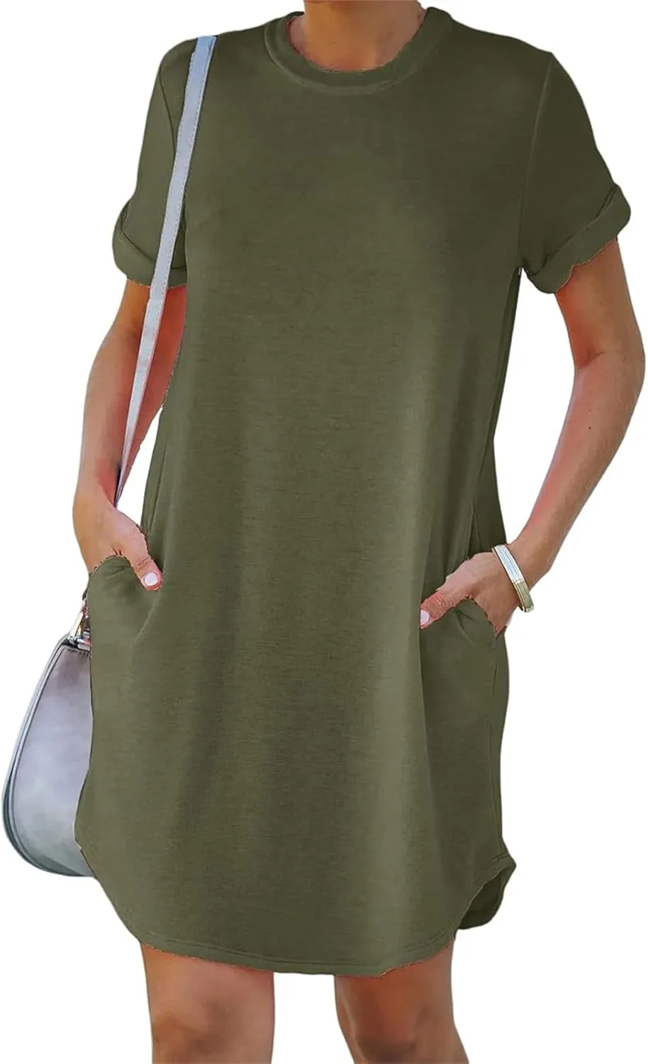 Womens Tshirt Dress Roll Up Sleeve Crew Neck Solid Mini Dresses Summer Trendy Casual Sports Dress with Pockets