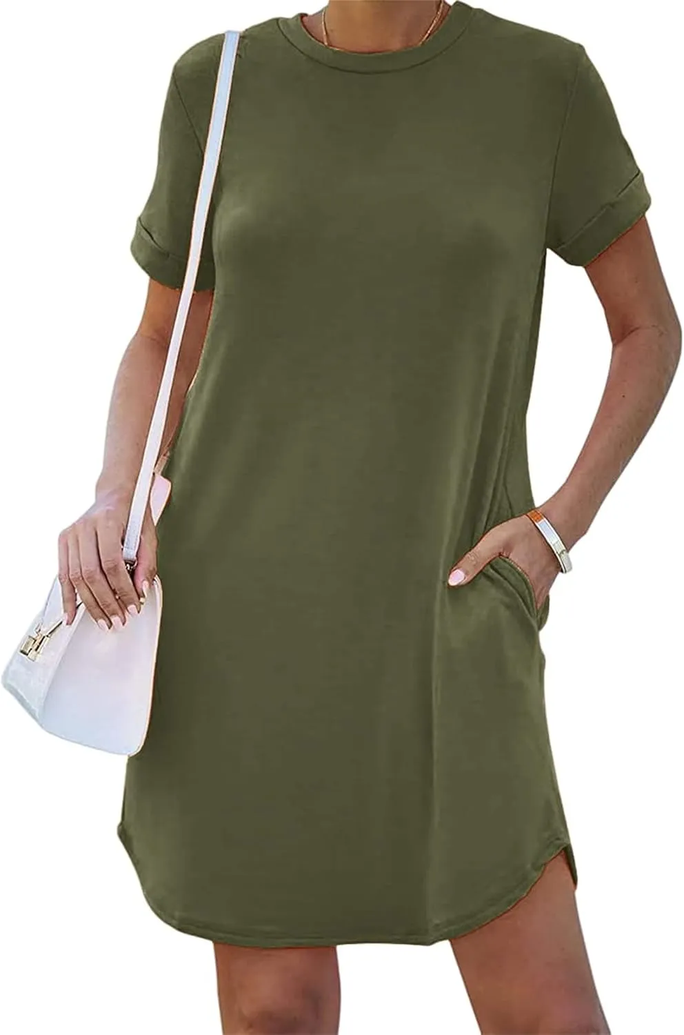 Womens Tshirt Dress Roll Up Sleeve Crew Neck Solid Mini Dresses Summer Trendy Casual Sports Dress with Pockets