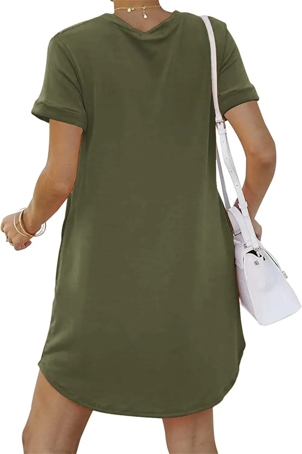 Womens Tshirt Dress Roll Up Sleeve Crew Neck Solid Mini Dresses Summer Trendy Casual Sports Dress with Pockets