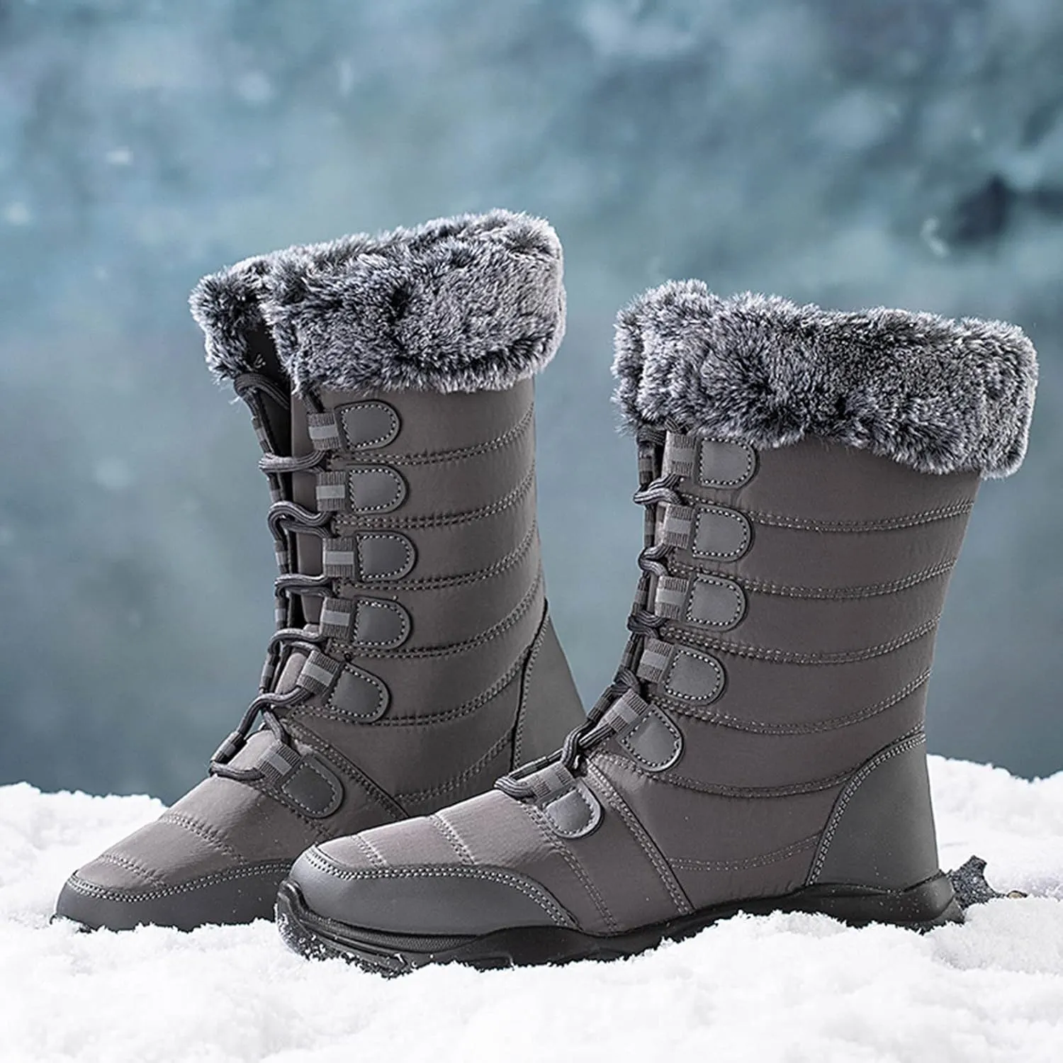 Women's Winter Boots Waterproof Tall Women's Winter Boots Waterproof Non Slip All Black Boots for Winter Snowboots Womens Extra Wide Width Winter Boots