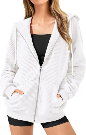Womens Zip Up Hoodie Waffle Knit Clothes Oversized Sweatshirt Fall Fashion Long Sleeve Jacket With Pockets