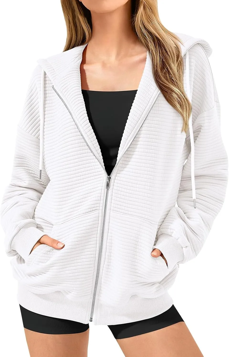 Womens Zip Up Hoodie Waffle Knit Clothes Oversized Sweatshirt Fall Fashion Long Sleeve Jacket With Pockets