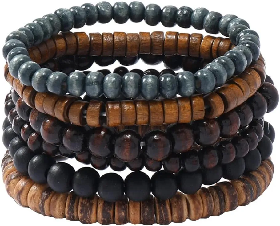 Wooden Bead Bracelet Set 6 Pieces, Flexible Multilayer Wrap Bangles, 7-8.5 inches, Punk Grunge Gothic Bikers