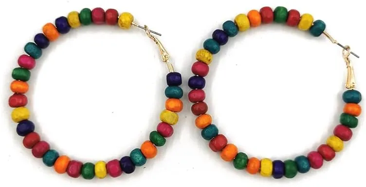 Wooden Beaded Ball Statement Big Hoop Earrings for Women Colorful Balls Exaggerated Large Round Circle Dangle Drop Huggie Hoops Earring Boho Jewelry Gifts