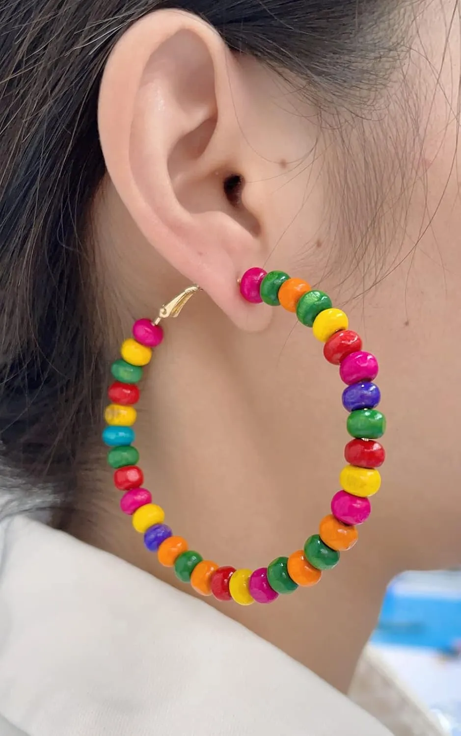 Wooden Beaded Ball Statement Big Hoop Earrings for Women Colorful Balls Exaggerated Large Round Circle Dangle Drop Huggie Hoops Earring Boho Jewelry Gifts