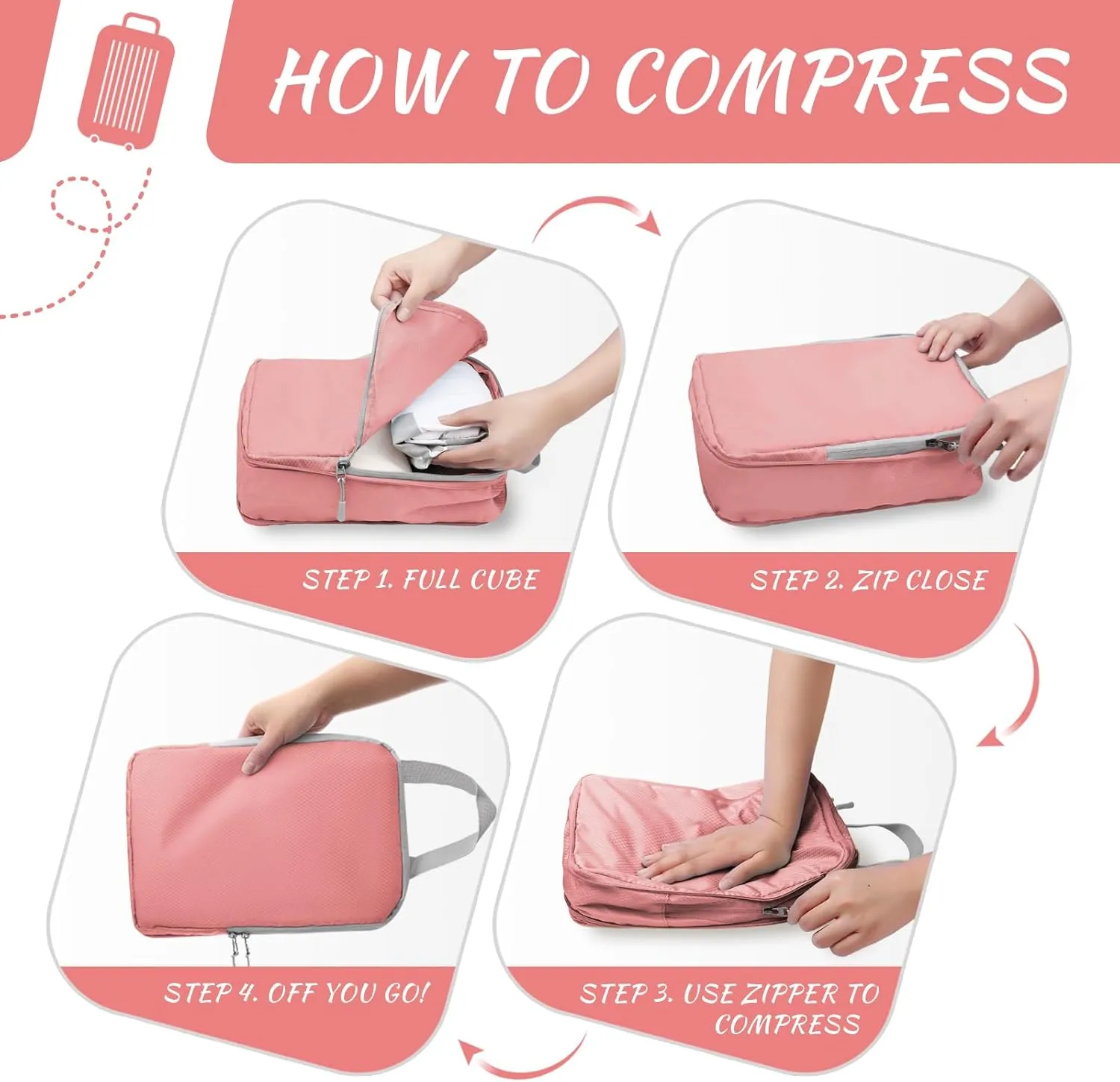 WOOMADA Compression Packing Cubes for Suitcases Travel Essentials 4 Set Expandable Travel Bags Organizer for Luggage(pink)