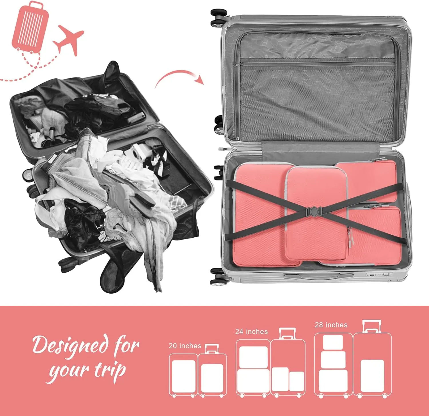 WOOMADA Compression Packing Cubes for Suitcases Travel Essentials 4 Set Expandable Travel Bags Organizer for Luggage(pink)