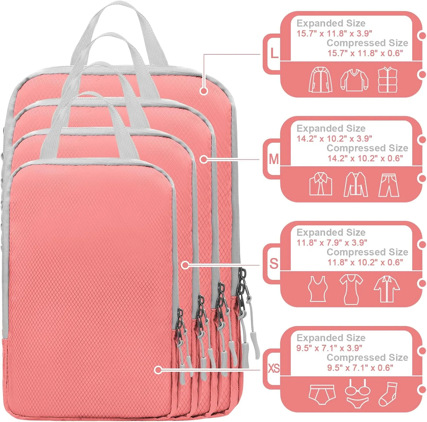WOOMADA Compression Packing Cubes for Suitcases Travel Essentials 4 Set Expandable Travel Bags Organizer for Luggage(pink)