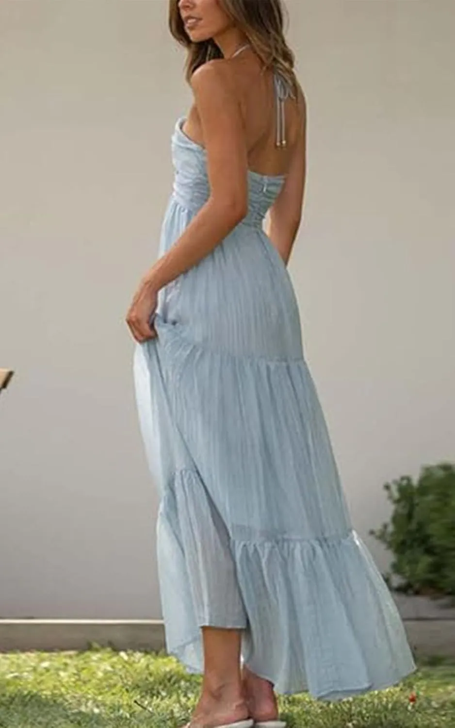 XZG Women's 2024 Summer Halter Neck Boho Long Floral Dress Backless Ruffle Hem Flowy Tiered Maxi Sundress
