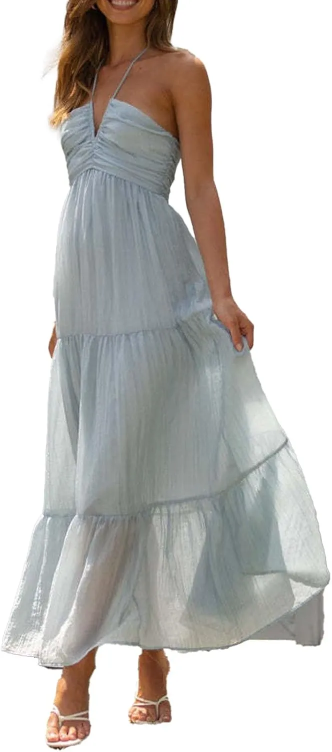 XZG Women's 2024 Summer Halter Neck Boho Long Floral Dress Backless Ruffle Hem Flowy Tiered Maxi Sundress