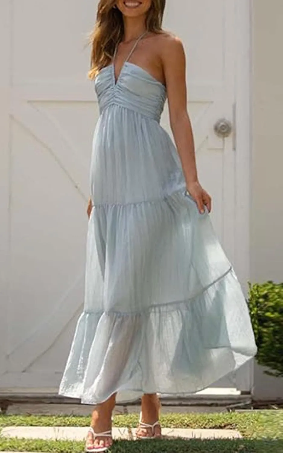 XZG Women's 2024 Summer Halter Neck Boho Long Floral Dress Backless Ruffle Hem Flowy Tiered Maxi Sundress