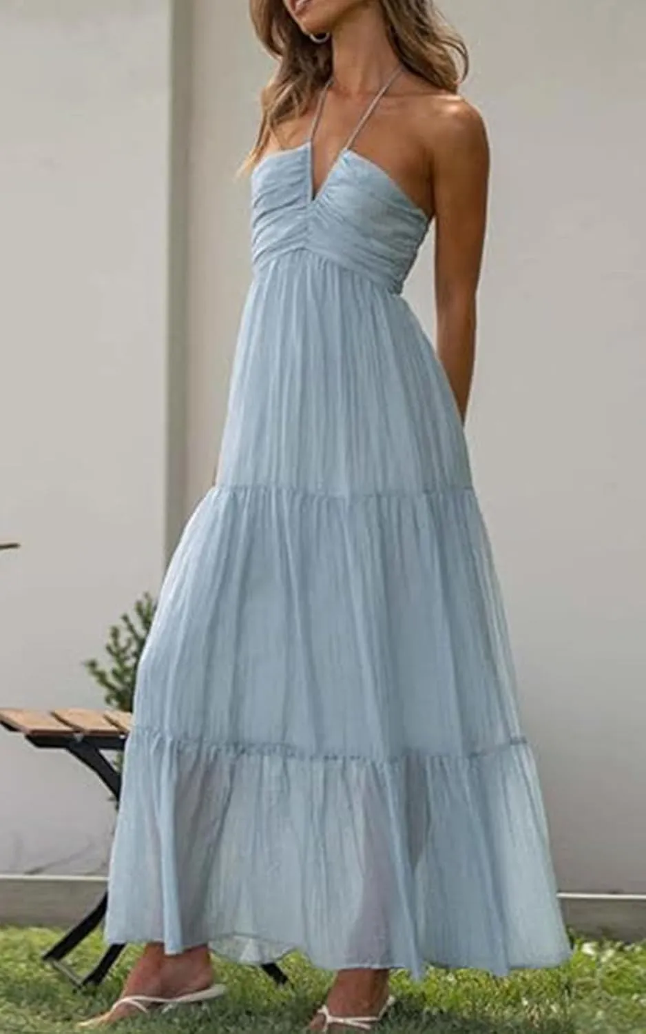 XZG Women's 2024 Summer Halter Neck Boho Long Floral Dress Backless Ruffle Hem Flowy Tiered Maxi Sundress
