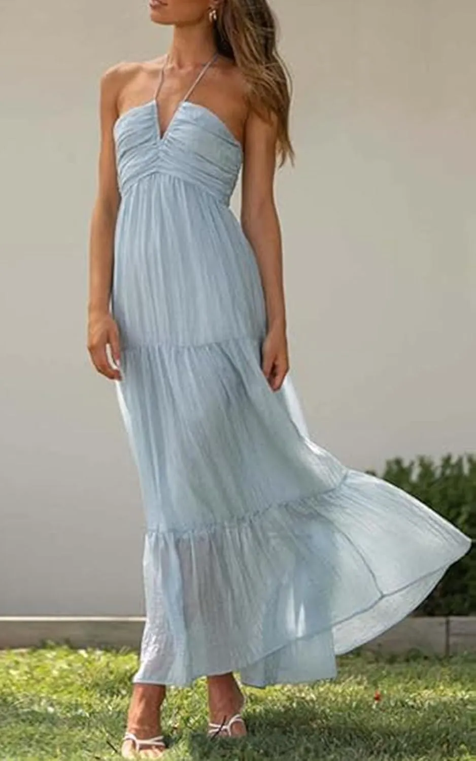 XZG Women's 2024 Summer Halter Neck Boho Long Floral Dress Backless Ruffle Hem Flowy Tiered Maxi Sundress