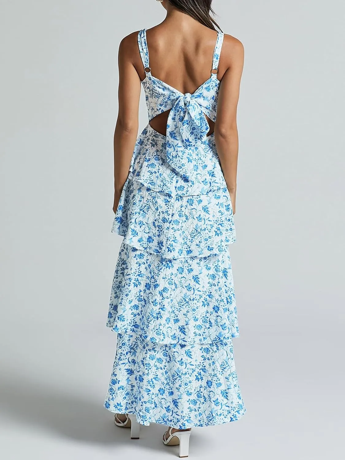 Yoolin Tiered Ruffle Dress Women Casual Summer Spaghetti Strap Sleeveless Floral Layered Maxi Dress for Women Beach Sundress