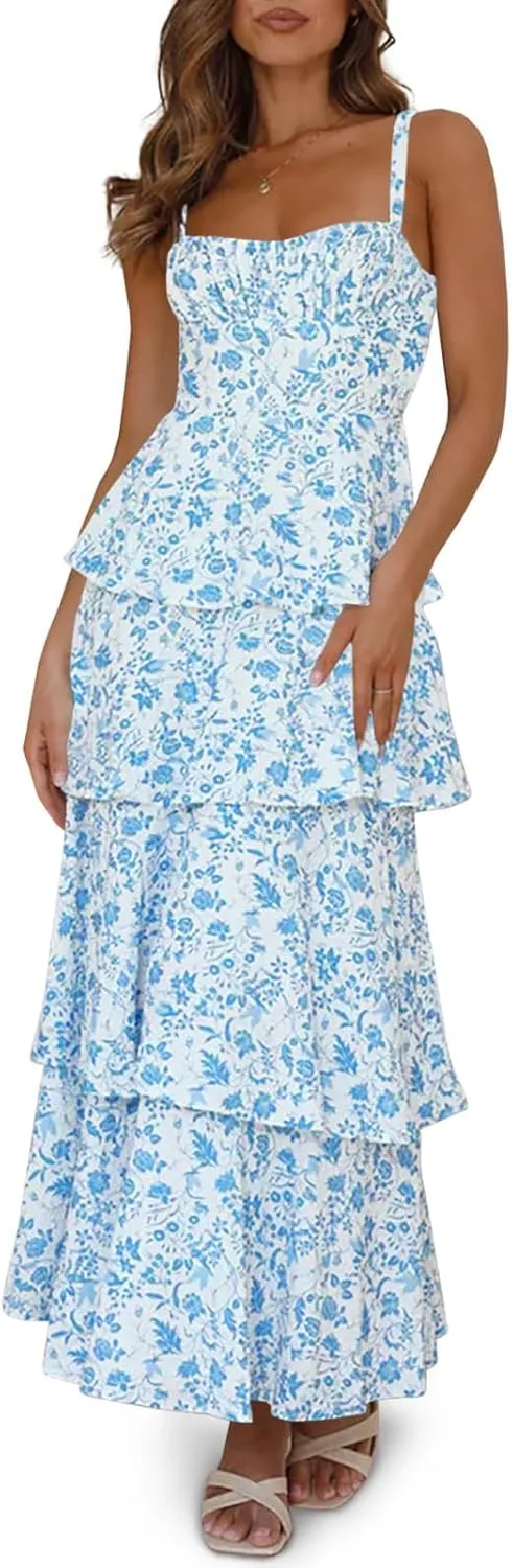 Yoolin Tiered Ruffle Dress Women Casual Summer Spaghetti Strap Sleeveless Floral Layered Maxi Dress for Women Beach Sundress