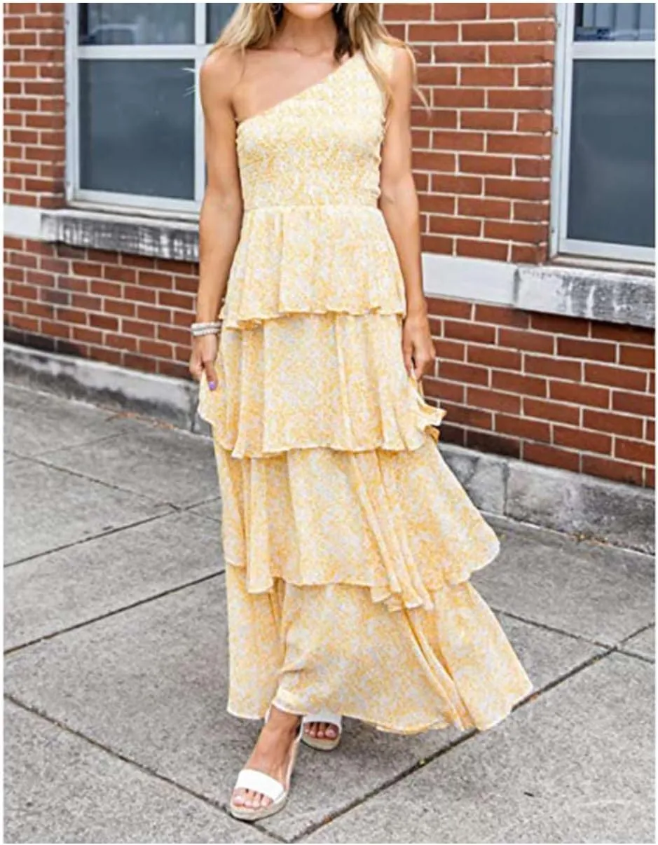 Yoolin Tiered Ruffle Dress Women Casual Summer Spaghetti Strap Sleeveless Floral Layered Maxi Dress for Women Beach Sundress