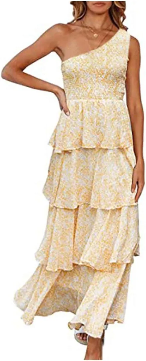 Yoolin Tiered Ruffle Dress Women Casual Summer Spaghetti Strap Sleeveless Floral Layered Maxi Dress for Women Beach Sundress
