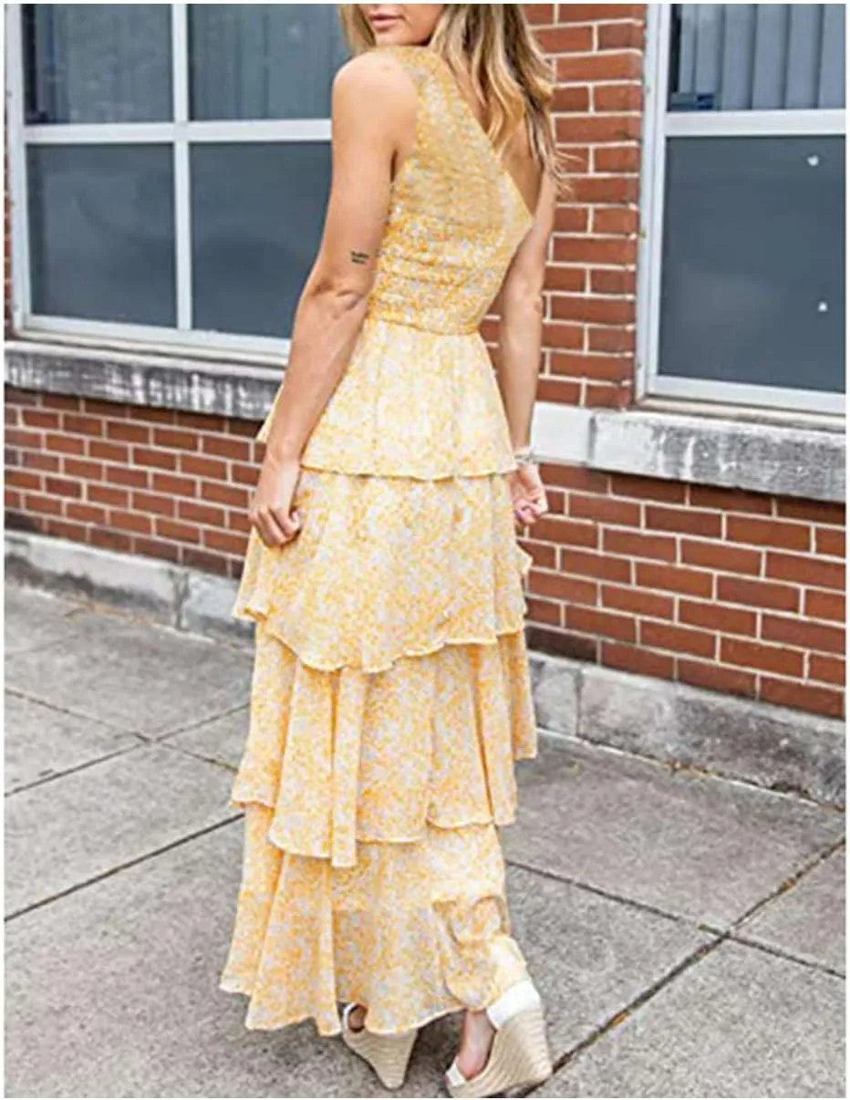 Yoolin Tiered Ruffle Dress Women Casual Summer Spaghetti Strap Sleeveless Floral Layered Maxi Dress for Women Beach Sundress