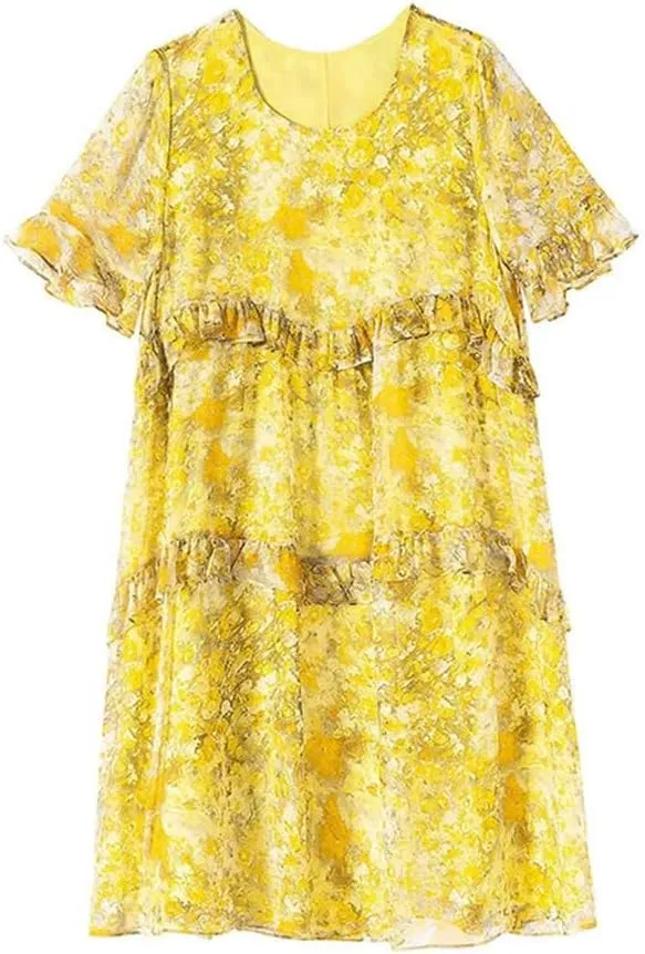 YTR6TW Women Clothing Elegant O-Neck Spliced Printed Ruffles Mini Dress Lady Summer Oversized Office Floral Dress
