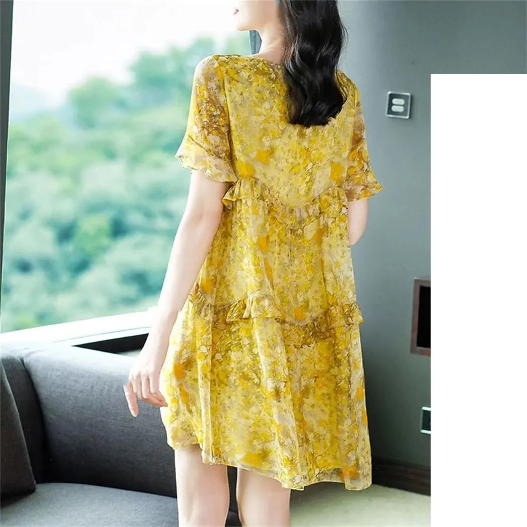YTR6TW Women Clothing Elegant O-Neck Spliced Printed Ruffles Mini Dress Lady Summer Oversized Office Floral Dress