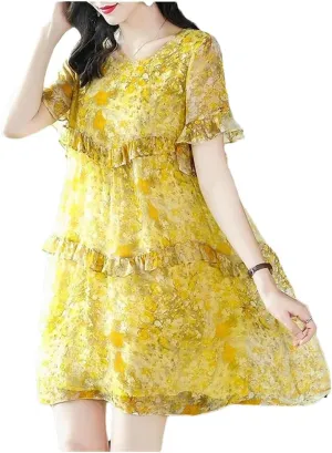 YTR6TW Women Clothing Elegant O-Neck Spliced Printed Ruffles Mini Dress Lady Summer Oversized Office Floral Dress
