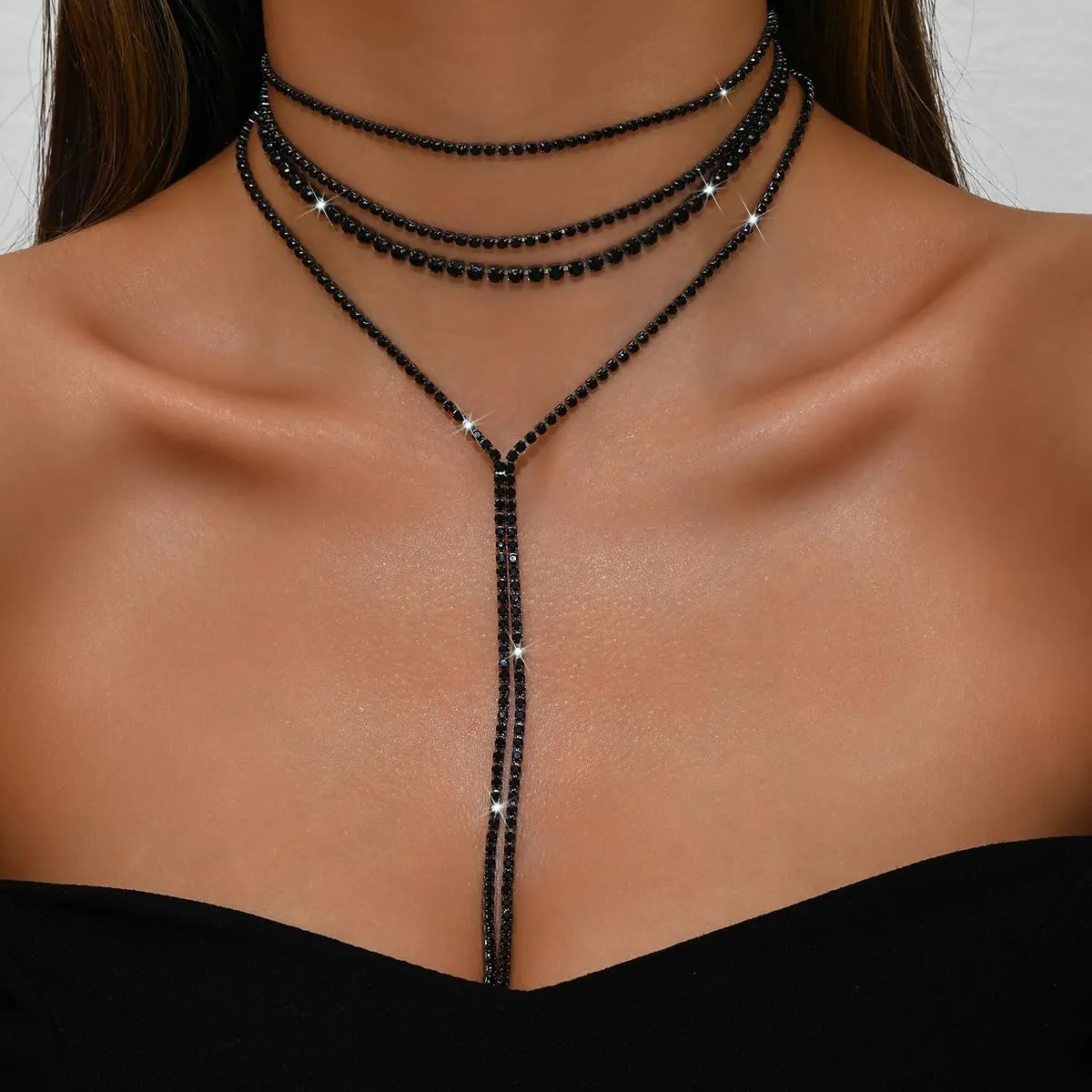 ZMANYIJEW Layered Rhinestone Y Necklace Choker for Women Multilayered Crystal Long Necklaces Sparkly Bridal Wedding Jewelry