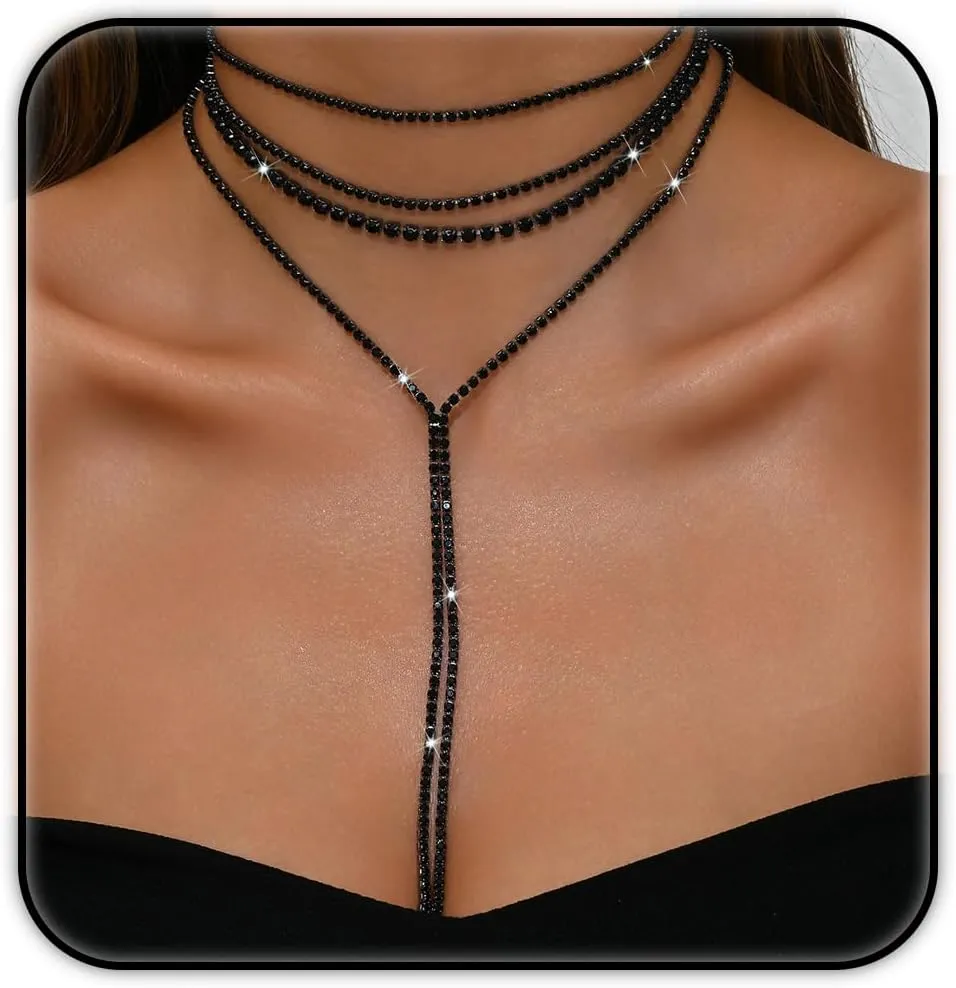 ZMANYIJEW Layered Rhinestone Y Necklace Choker for Women Multilayered Crystal Long Necklaces Sparkly Bridal Wedding Jewelry