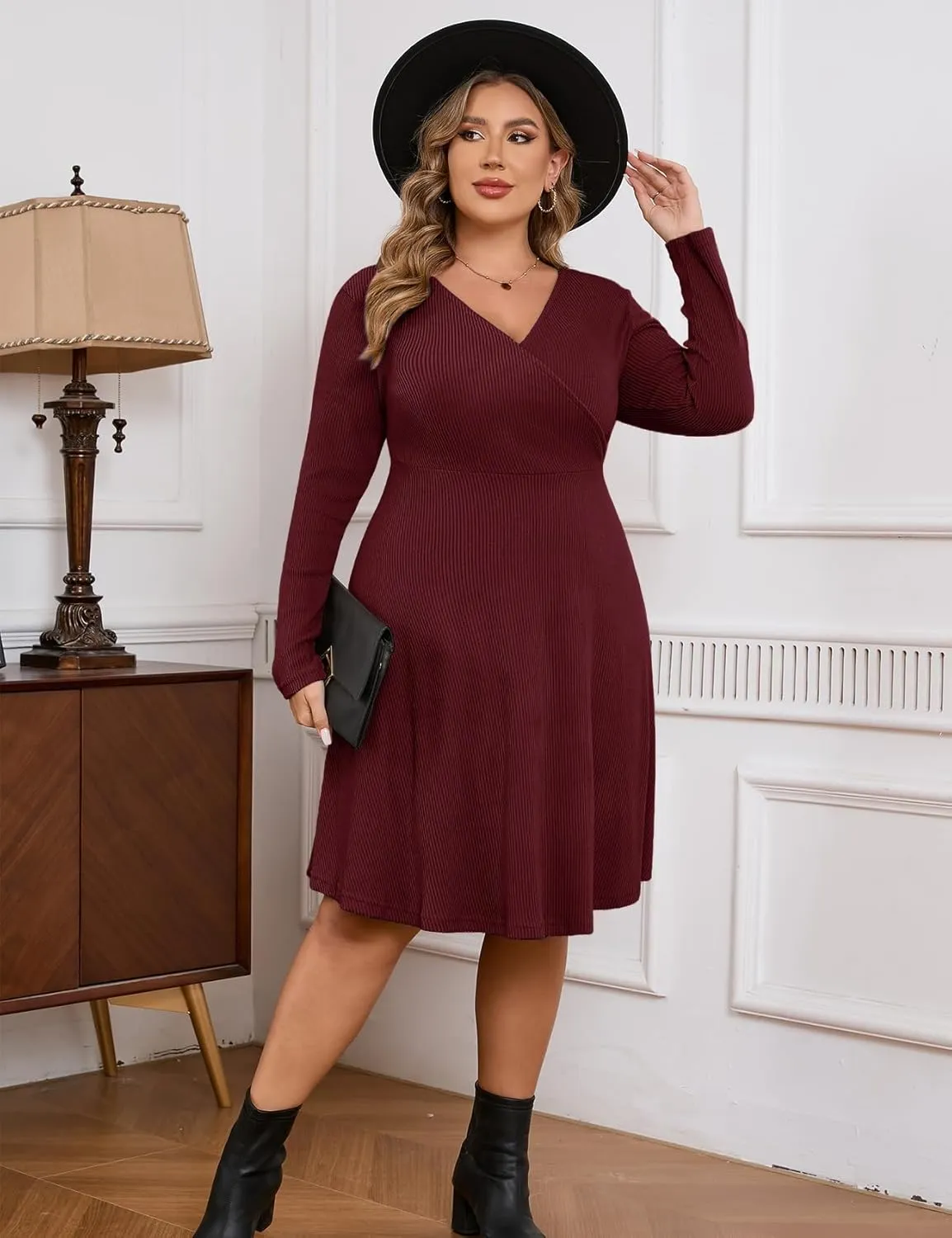 ZOMVA Plus Size Sweater Dress V Neck A-line Knee Length Dress Fall Winter Casual Ribbed Knit Long Sleeves